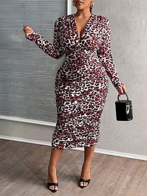 Bon&Bon Black Ruched Bodycon Dress - Deep V-Neck Midi Dress Red / 3XL