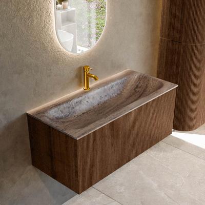 Badmeubel Mondiaz Kurve-Dlux | 100 cm | Meubelkleur Walnut | Wastafelkleur Oza | Solid surface | Wasbak midden spoelbak | 1 kraangat