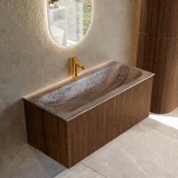 Badmeubel Mondiaz Kurve-Dlux | 100 cm | Meubelkleur Walnut | Wastafelkleur Oza | Solid surface | Wasbak midden spoelbak | 1 kraangat