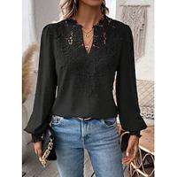 Blouse Dames Kastanjebruin Zwart Wit Effen / effen kleur Kant Dagelijks Elegant V-hals Normale pasvorm S Lightinthebox - thumbnail