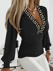 Loose V Neck Color Block Casual Shirt