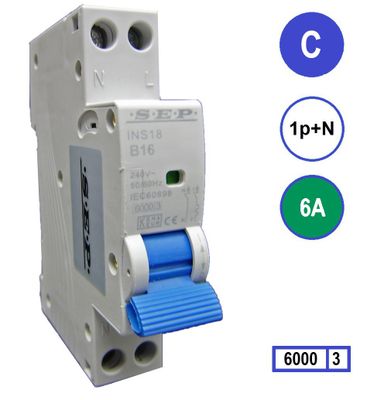SEP Installatie automaat C6 1polig+n 6kA 18mm breed 6A met din rail bevestiging