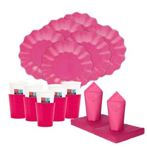 Feest BBQ bordjes/bekertjes/servetten set New Wave - 16 personen - fuchsia roze - papier/karton