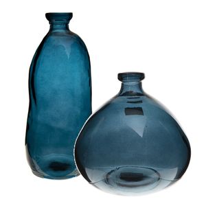 Bloemenvazen set - 2x - Organische fles vorm - blauw transparant - glas