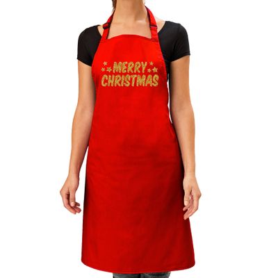 Merry Christmas Kerst cadeau schort rood voor volwassenen met gouden glitter bedrukking