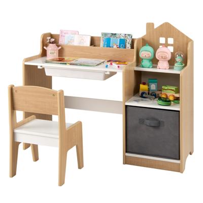 Bureau en Stoelenset voor Kinderen Kinderstudietafel met Open Vakken Lade en Stoffen Opbergbak Kindermeubilair voor Kinderkamer
