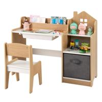 Bureau en Stoelenset voor Kinderen Kinderstudietafel met Open Vakken Lade en Stoffen Opbergbak Kindermeubilair voor Kinderkamer