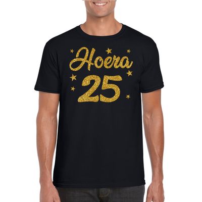 Hoera 25 jaar verjaardag / jubileum cadeau t-shirt zilver glitter op zwart heren