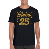 Hoera 25 jaar verjaardag / jubileum cadeau t-shirt zilver glitter op zwart heren - thumbnail