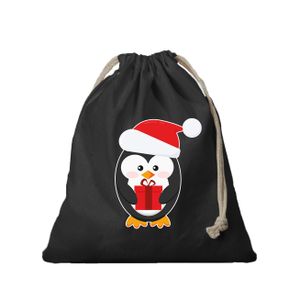 1x Kerst cadeauzak zwart Pinguin met koord voor als cadeauverpakking