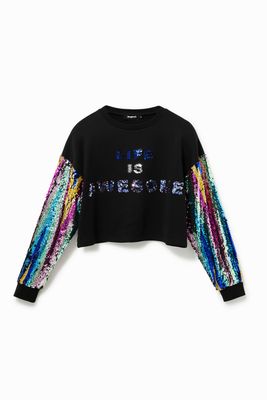 Cropped sweatshirt met pailletten - BLACK - L Cropped sweatshirt met pailletten - BLACK - L