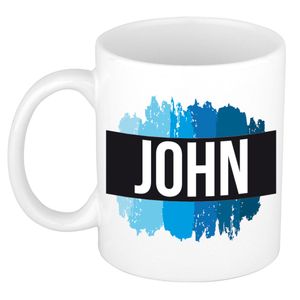 Naam cadeau mok / beker John met blauwe verfstrepen 300 ml