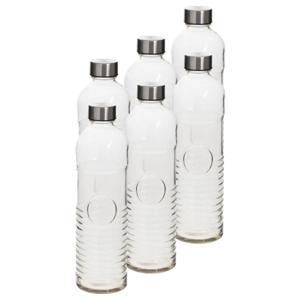 Waterfles/drinkfles 1 liter - van gehard ribbel glas - 6x - Glazen drink flessen