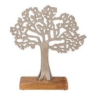 Decoratie levensboom van aluminium op houten voet 33 cm zilver