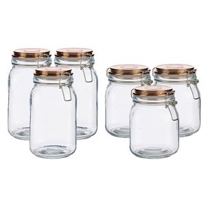 Set van 6x stuks luxe keuken voorraadpotten met klepdeksel koper 1000 ml en 1500 ml