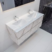 Mondiaz Vica Denia badmeubel wit carrara mat 120 cm 2 lades keramiek dubbele spoelbak 2 kraangaten
