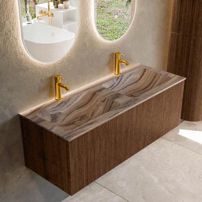 Badmeubel Mondiaz Kurve-Dlux | 120 cm | Meubelkleur Walnut | Wastafelkleur Sombra | Solid surface | Wasbak beide zijden spoelbak | 2 kraangaten