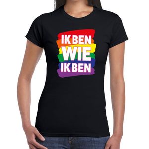 Ik ben wie ik ben regenboog gaypride shirt zwart voor dames