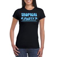 Tropical party T-shirt voor dames - met glitters - zwart/blauw - carnaval/themafeest - thumbnail