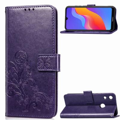 Lucky Clover ingedrukt bloemen patroon lederen case voor Huawei Honor 8A met houder & kaartsleuven & portemonnee & hand strap (paars)