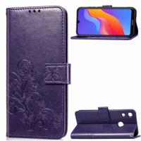 Lucky Clover ingedrukt bloemen patroon lederen case voor Huawei Honor 8A met houder & kaartsleuven & portemonnee & hand strap (paars)