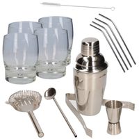 Cocktailshaker set RVS 5-delig inclusief 4x cocktailglazen 350 ml met 4x RVS rietjes