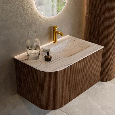 Badmeubel Mondiaz Kurve-Dlux | 75 cm | Meubelkleur Walnut | Wastafelkleur Nata | Solid surface | Wasbak rechter zijde spoelbak | 1 kraangat