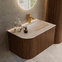 Badmeubel Mondiaz Kurve-Dlux | 75 cm | Meubelkleur Walnut | Wastafelkleur Nata | Solid surface | Wasbak rechter zijde spoelbak | 1 kraangat