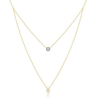 Elenza Goudkleurige Dubbele Ketting met Hamsa Hand en Zirkonia Steen