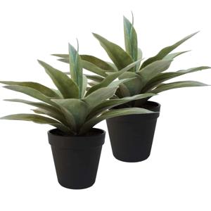 Kunstplanten Agave - 2x - grijs/groen - in zwarte pot - 19 cm