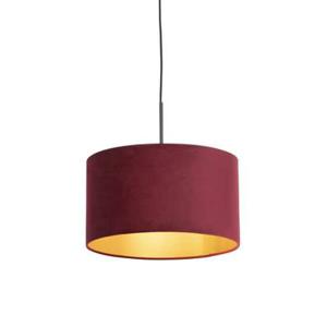 QAZQA Zwarte hanglamp met velours kap rood met goud 35 cm - Combi