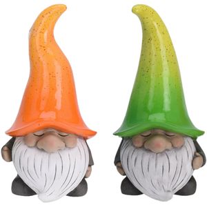 Tuinkabouters beeldjes - set 2x - Grumpy - Polystone - oranje en groen - 32 cm