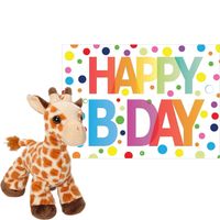 Pluche dieren knuffel giraffe 18 cm met Happy Birthday wenskaart - Knuffeldier - thumbnail