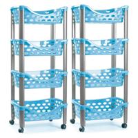 Plasticforte trolley - 2x - keukentrolley op wieltjes - 4-laags - blauw - kunststof - 40 x 88 cm