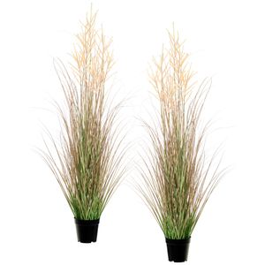 Louis Maes Quality kunstplant - 2x stuks - Siergras met pluim - groen/bruin - H125 cm - in pot