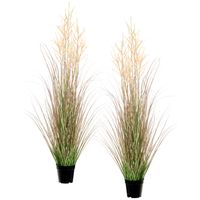 Louis Maes Quality kunstplant - 2x stuks - Siergras met pluim - groen/bruin - H125 cm - in pot