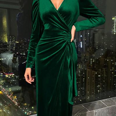 Bon&Bon Burgundy Velvet Wrap Dress - Elegant Long Sleeve Midi Dark Green / L