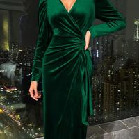 Bon&Bon Burgundy Velvet Wrap Dress - Elegant Long Sleeve Midi Dark Green / L