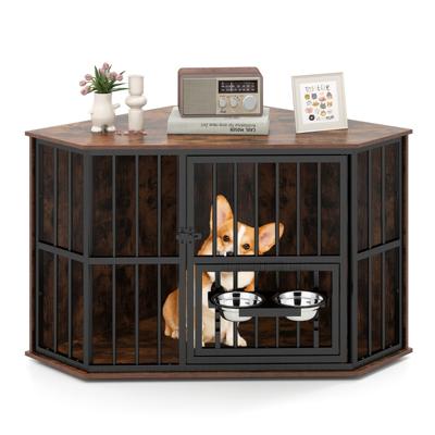 Hoek-Hondkennel Ruimtebesparende Hondkennel met Verstelbare Voederdispenser 2 Roestvrijstalen Voerbakken Bruin