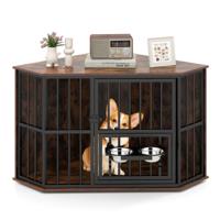 Hoek-Hondkennel Ruimtebesparende Hondkennel met Verstelbare Voederdispenser 2 Roestvrijstalen Voerbakken Bruin