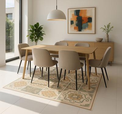 Cementtegels verschillende maten vinyl tapijt woonkamer