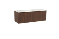 Storke Ribs zwevend badmeubel 140 x 52 cm notenhout met Mata asymmetrisch rechtse wastafel in solid surface mat wit, Verticale symmetrische rechte ribbel