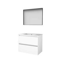 Basic-Line Framed 46 Badkamermeubelset - 80 x 46 cm - Greeploos - 2 Lades - Keramische Wastafel - 1 Kraangat - Spiegel met Zwart Aluminium Frame - Ice White