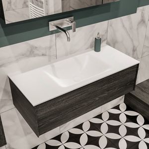Mondiaz Lush Cloud badmeubel eiken donker bruin 100 cm 1 lade solid surface enkele spoelbak midden zonder kraangat