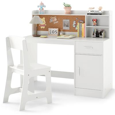 Kindertafel & Stoel Set Kinderbureau van Hout met Planken & Lade Wit