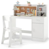 Kindertafel & Stoel Set Kinderbureau van Hout met Planken & Lade Wit