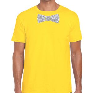 Geel fun t-shirt met vlinderdas in glitter zilver heren