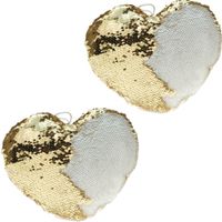 Set van 2x stuks hartjes kussens goud/creme metallic met pailletten 40 cm - thumbnail