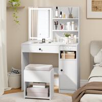 Make-up tafel met Spiegel & Verlichting & Kruk Kaptafel Cosmetica Tafel Wit