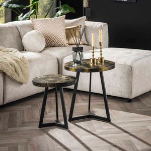 LifestyleFurn Salontafel 'Kaeo' Teakhout, Set van 2 stuks, kleur Zwart/Goud